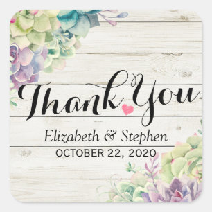 Sticker Carré Mariage Merci Aquarelle Succulent Bois rustique