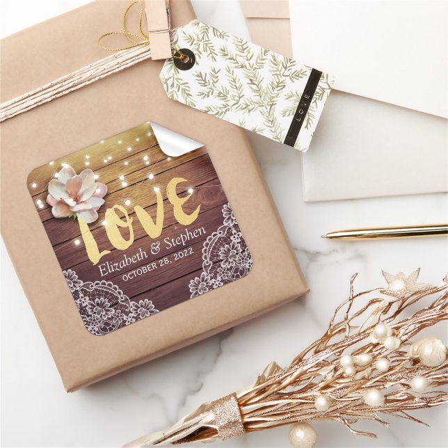 Sticker Carré Mariage Merci Bois Floral Chaîne Lumière Dentelle (Créateur téléchargé)