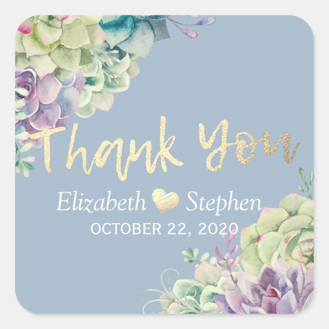Sticker Carré Mariage Merci Chic Aquarelle Succulent Plante (Devant)