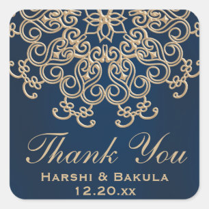 Sticker Carré Mariage Merci de style bleu marine et or indien