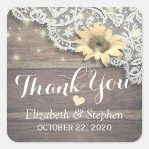 Sticker Carré Mariage Merci Lace Tournesol Rustique Bois clair