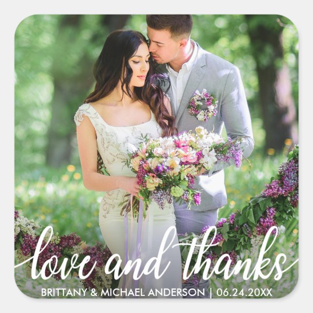Sticker Carré Mariage Merci Love and Thanks Photo (Devant)