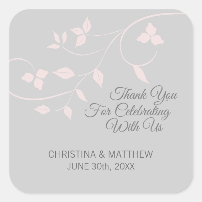 Sticker Carré Mariage Merci rose pastel gris (Devant)