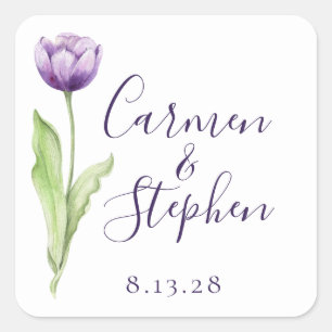 Sticker Carré Mariage minimaliste de tulipe simple violet profon