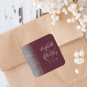 Sticker Carré Mariage Moderne Bordure Burgundy Pailleté Argent
