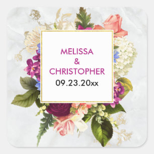 Sticker Carré Mariage moderne de fleurs rose et blanche