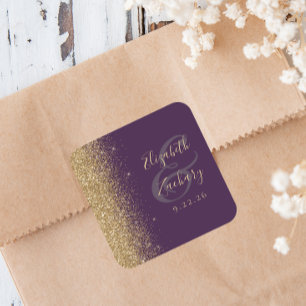 Sticker Carré Mariage Moderne Paillettes Or Violet Foncé Bordure