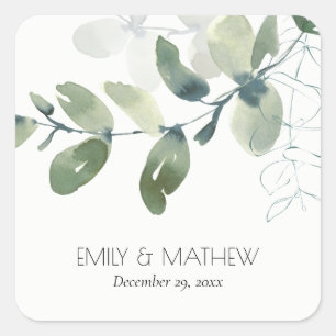 STICKER CARRÉ MARIAGE MODERNE VERT EUCALYPTUS FOLIAGE EAU COULEU