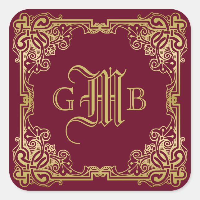 Sticker Carré Mariage Monogram Classic Gold Frame Bourgogne (Devant)