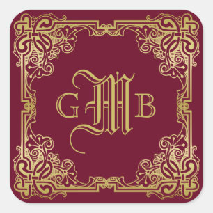 Sticker Carré Mariage Monogram Classic Gold Frame Bourgogne