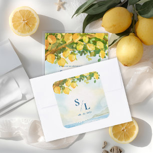 Sticker Carré Mariage Monogramme Aquarelle Bleu Côtiers & Citron