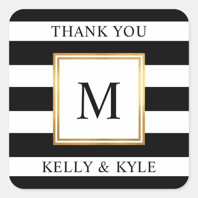 Sticker Carré Mariage Monogramme de trame or noir blanc rayures (Devant)