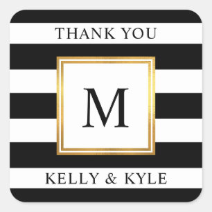 Sticker Carré Mariage Monogramme de trame or noir blanc rayures