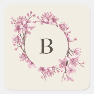 Sticker Carré Mariage Monogramme Élégant Fleur de Cerisier Rose