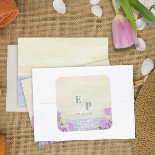 Sticker Carré Mariage Monogramme Floral de Plage à l'Aquarelle
