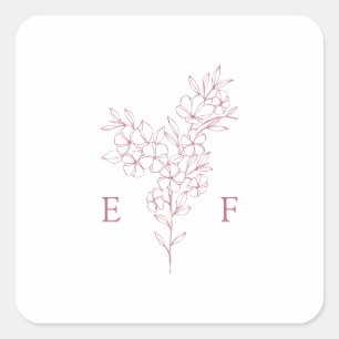 Sticker Carré Mariage monogramme simple rose cerisier en fleurs