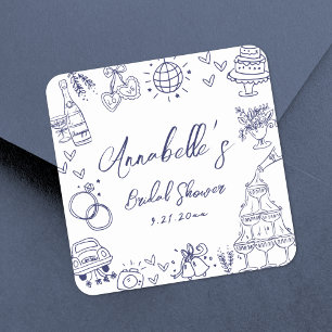 Sticker Carré Mariage Naval Bleu Fantaisiste Dessiné à la Main
