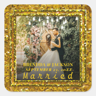 Sticker Carré Mariage Noël Élégant Photo de Mariage en Or Typogr