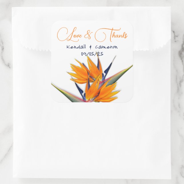 Sticker Carré Mariage Oiseau de Paradis Fleurs Merci (Sac)