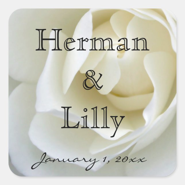 Sticker Carré Mariage personnalisé Crisp White Rose (Devant)