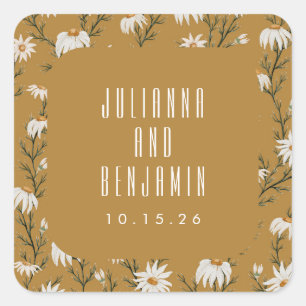 Sticker Carré Mariage Personnalisé Jaune Moutarde Floral Bohème
