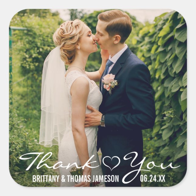 Sticker Carré Mariage Photo Coeur Merci (Devant)