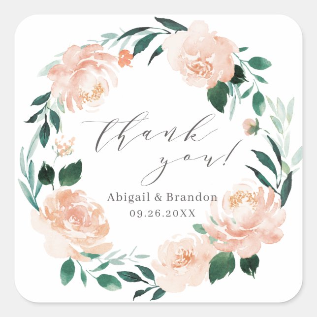 Sticker Carré Mariage remerciement floral pêche romantique (Devant)