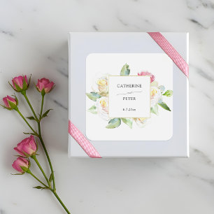 Sticker Carré Mariage romantique aux roses en aquarelle rose blu