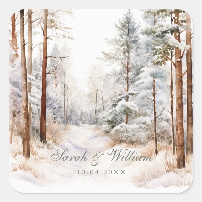 Sticker Carré Mariage romantique de forêt d'hiver enneigée (Devant)