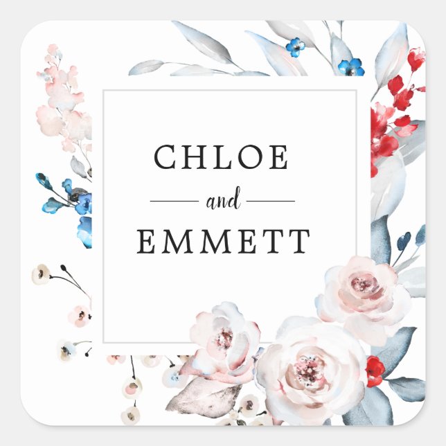Sticker Carré Mariage rose et bleu fleuri Favoriser (Devant)
