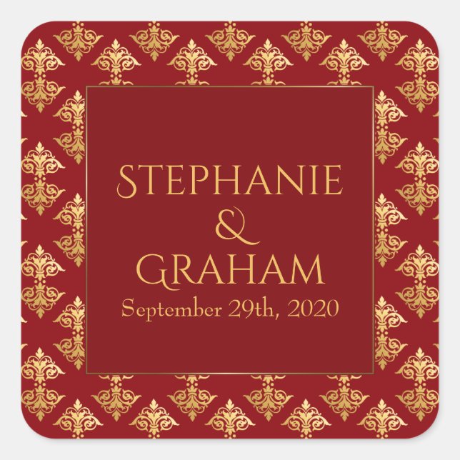 Sticker Carré Mariage rouge Gold Damask (Devant)