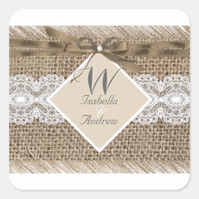 Sticker Carré Mariage Russe Beige Blanc Dentelle Burlap 2 (Devant)