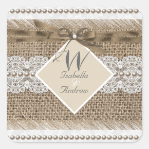 Sticker Carré Mariage Russe Beige Blanc Lace Burlap