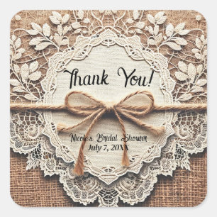 Sticker Carré Mariage rustique avec dentelle vintage et ficelle 