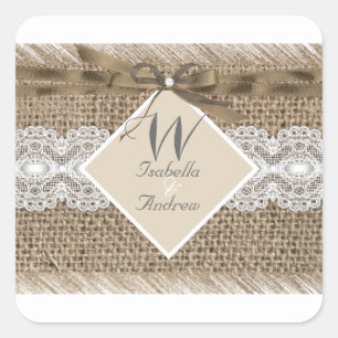 Sticker Carré Mariage rustique beige toile de jute blanche dente