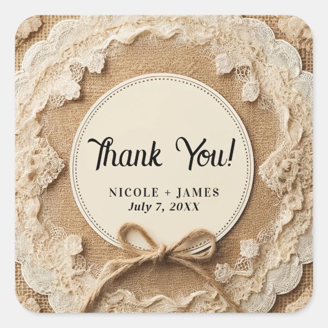 Sticker Carré Mariage rustique Burlap Lace & Twine Bow (Devant)