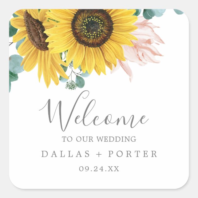 Sticker Carré Mariage rustique de tournesol Eucalyptus Bienvenue (Devant)