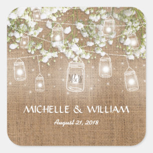 Sticker Carré Mariage rustique en toile de jute et gypsophile