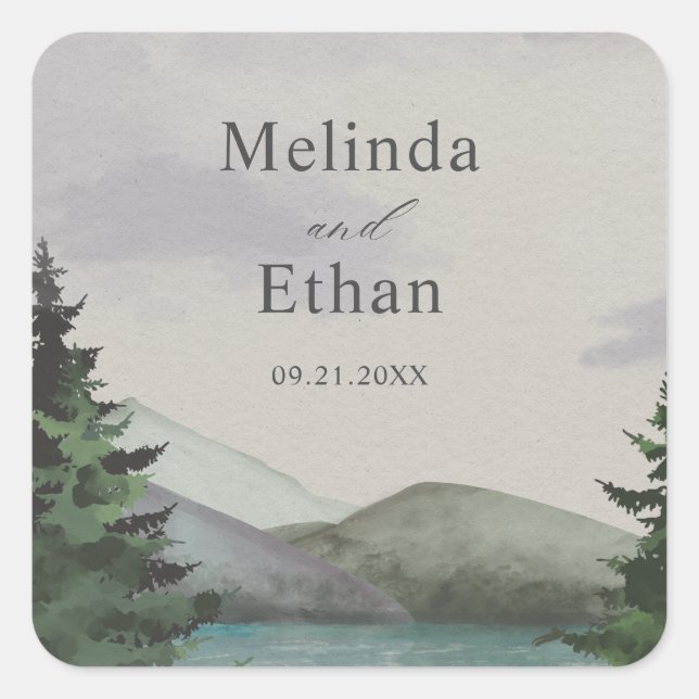 Sticker Carré Mariage Rustique Mountain & Lake Evergreen (Devant)