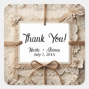 Sticker Carré Mariage rustique toile de jute dentelle florale ro