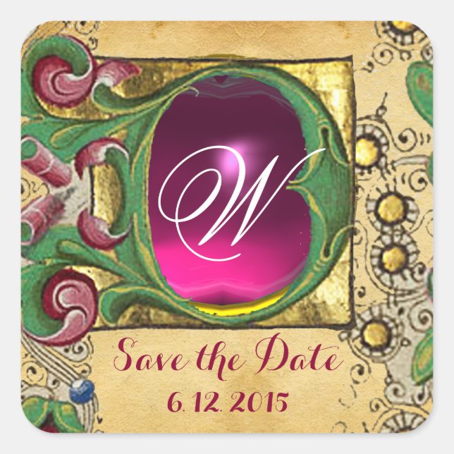 STICKER CARRÉ MARIAGE SAUVER DATE FLORAL PARCHMENT GEM MONOGRAMM (Devant)