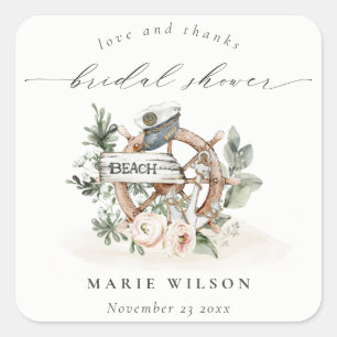 Sticker Carré Mariage Thématique Ancre Naútico Feuillage Floral