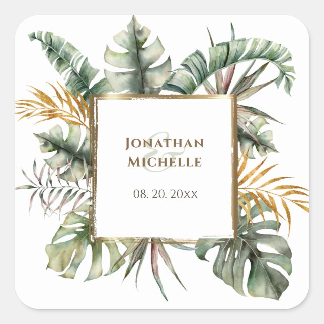 Sticker Carré Mariage Tropical Elegant Green Gold Palms (Devant)