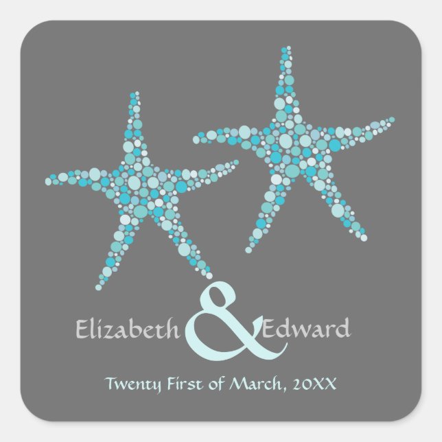 Sticker Carré Mariage Turquoise Aqua Starfish Enregistrer la dat (Devant)