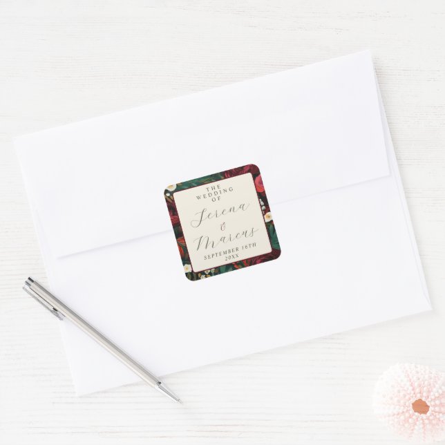 Sticker Carré Mariage Turquoise floral peint bleu foncé bordeaux (Enveloppe)