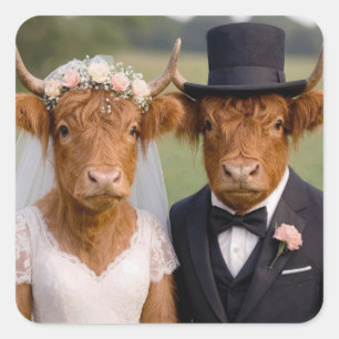 Sticker Carré Mariage Vaches Highland Écossaises