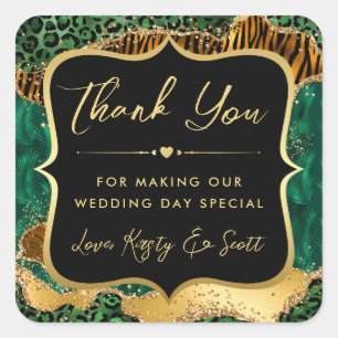 Sticker Carré Mariage Vert Agate et Or de Safari dans la Jungle
