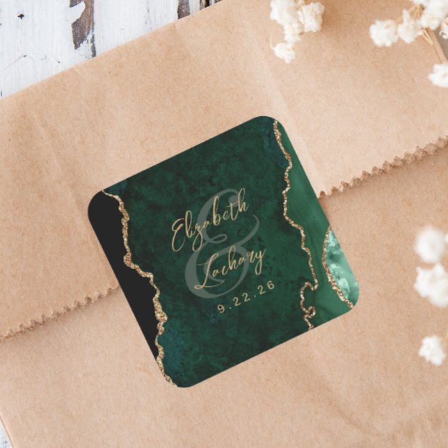 Sticker Carré Mariage Vert Émeraude Agate Script (Créateur téléchargé)