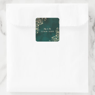 Sticker Carré Mariage Vert Émeraude Tourbillons Dorés 