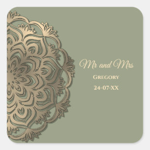 Sticker Carré Mariage Vert Sauge et Or Élégant Luxe